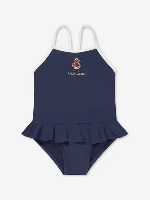 Baby Girls Embroidered Bear Swimsuit in Navy