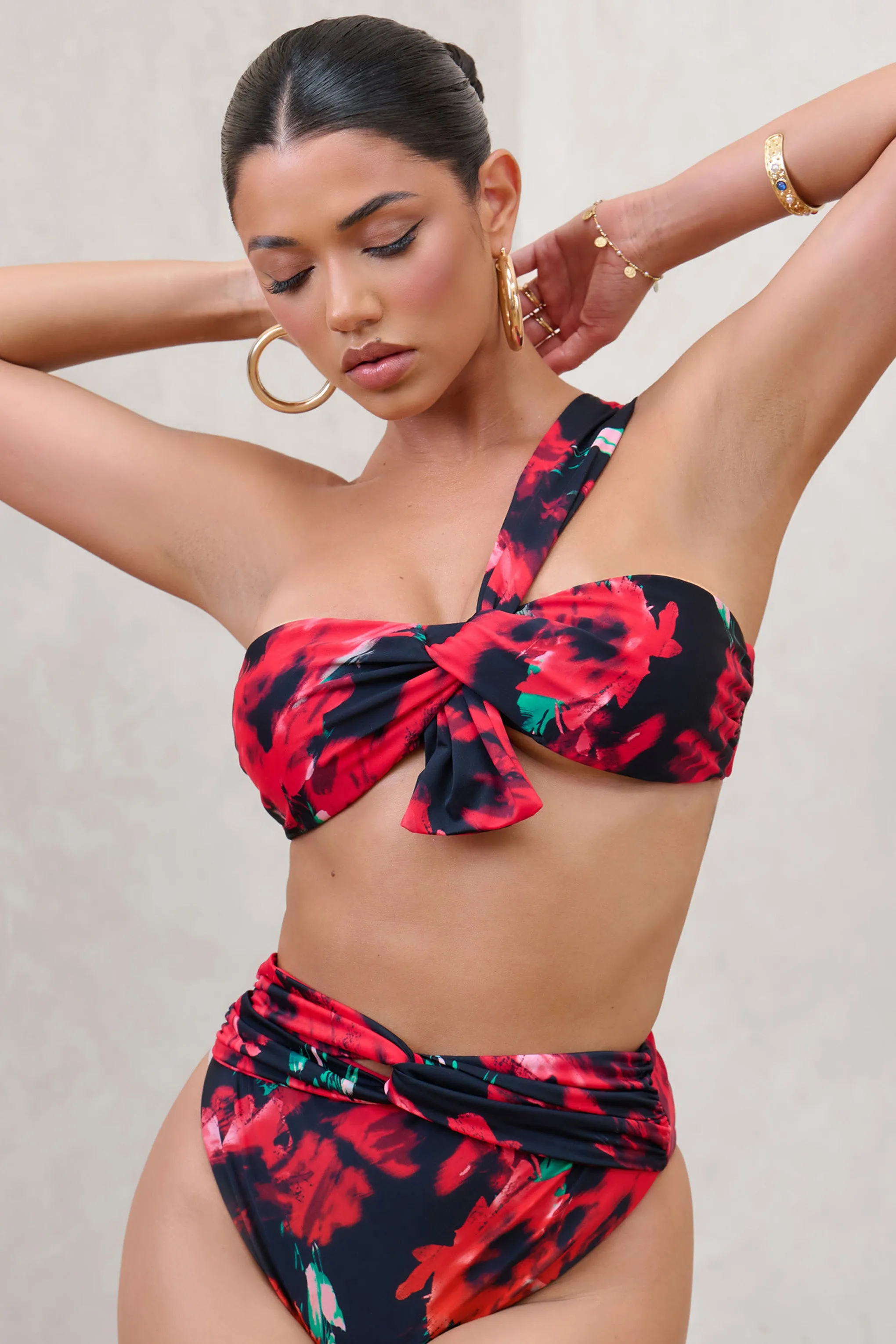 Bowline | Multi Print One Shoulder Knotted Bikini Top Club L London