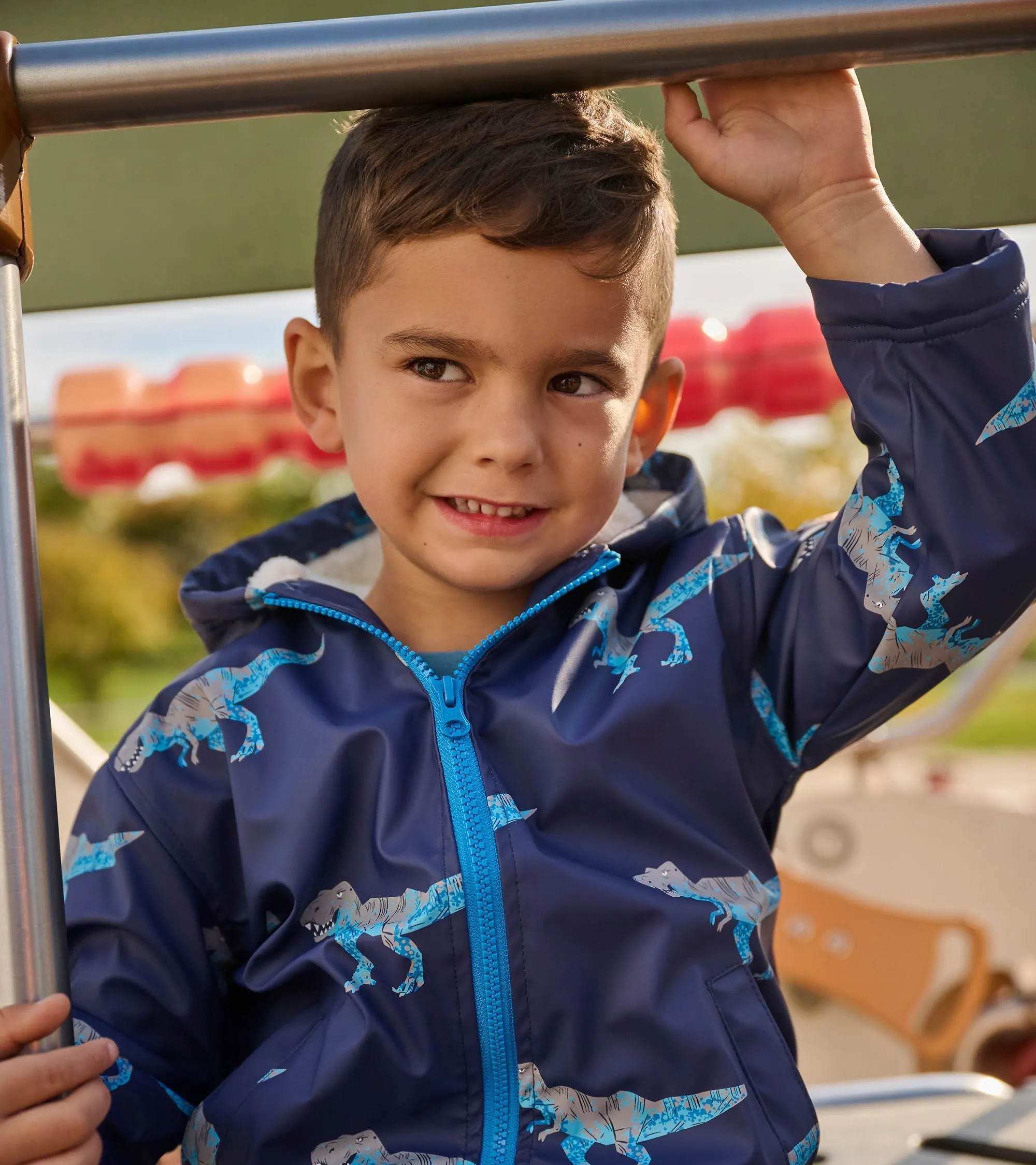 Boys T-Rex Attack Sherpa Lined Zip-Up Rain Jacket -Hatley