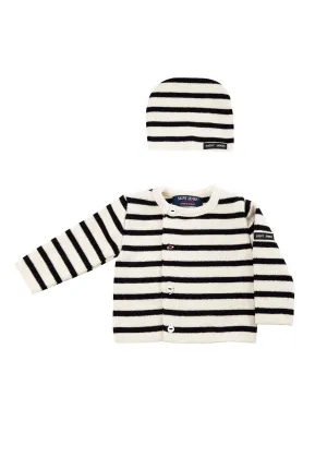 Brassire et bonnet naissance - ray, en laine mlange (ECUME/NAVY)
