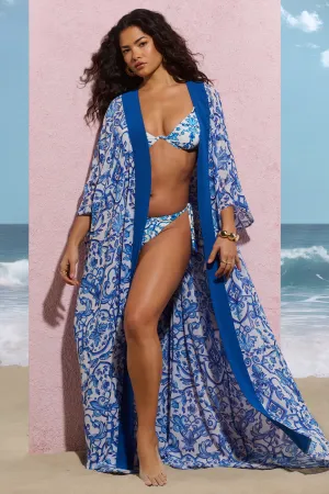 Breathe | Blue Porcelain Print Chiffon Long-Sleeved Cover Up Club L London