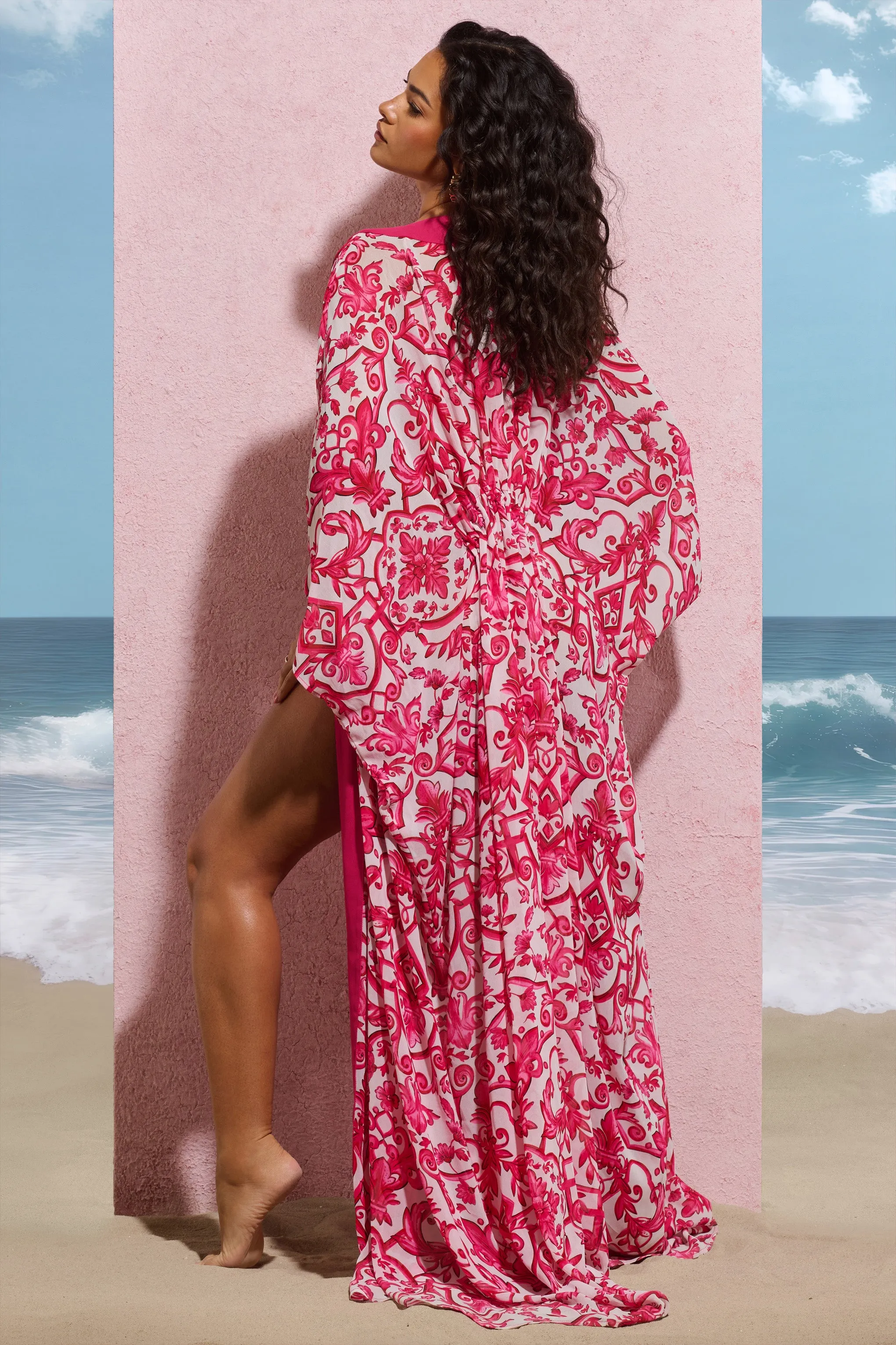 Breathe | Pink Porcelain Print Chiffon Long-Sleeved Cover Up Club L London