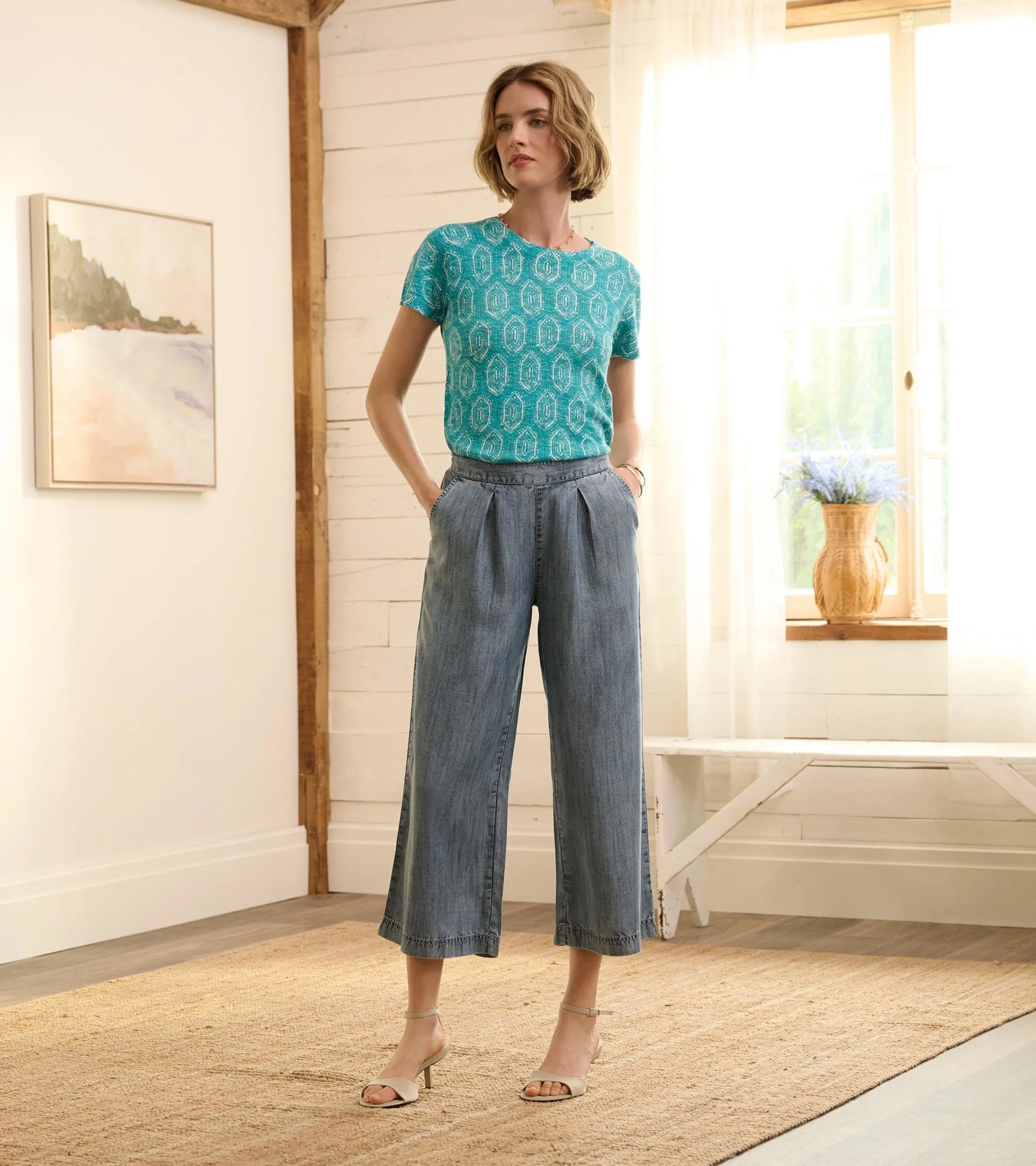 Cropped Wide Leg Pants - Blue Acid Rinse -Hatley