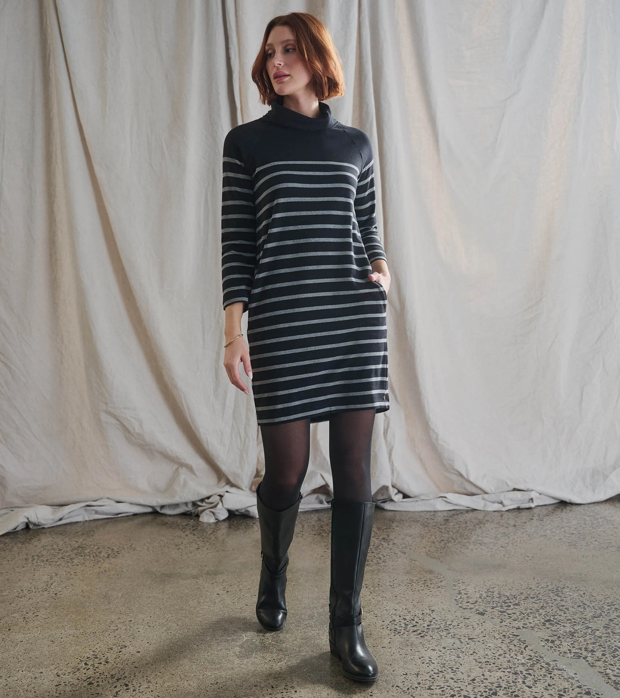 Draped Collar Dress - Caviar Stripe -Hatley