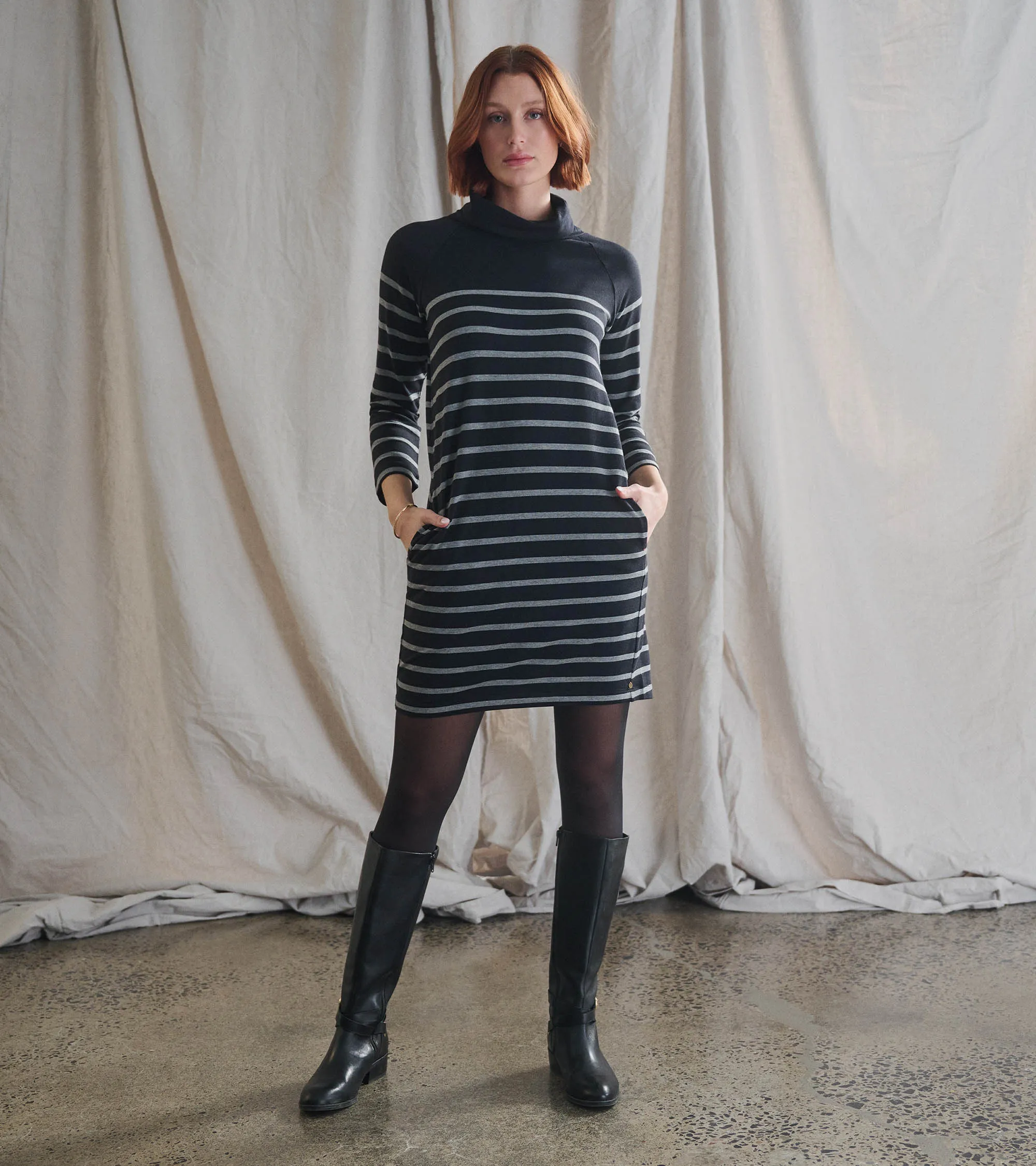 Draped Collar Dress - Caviar Stripe -Hatley