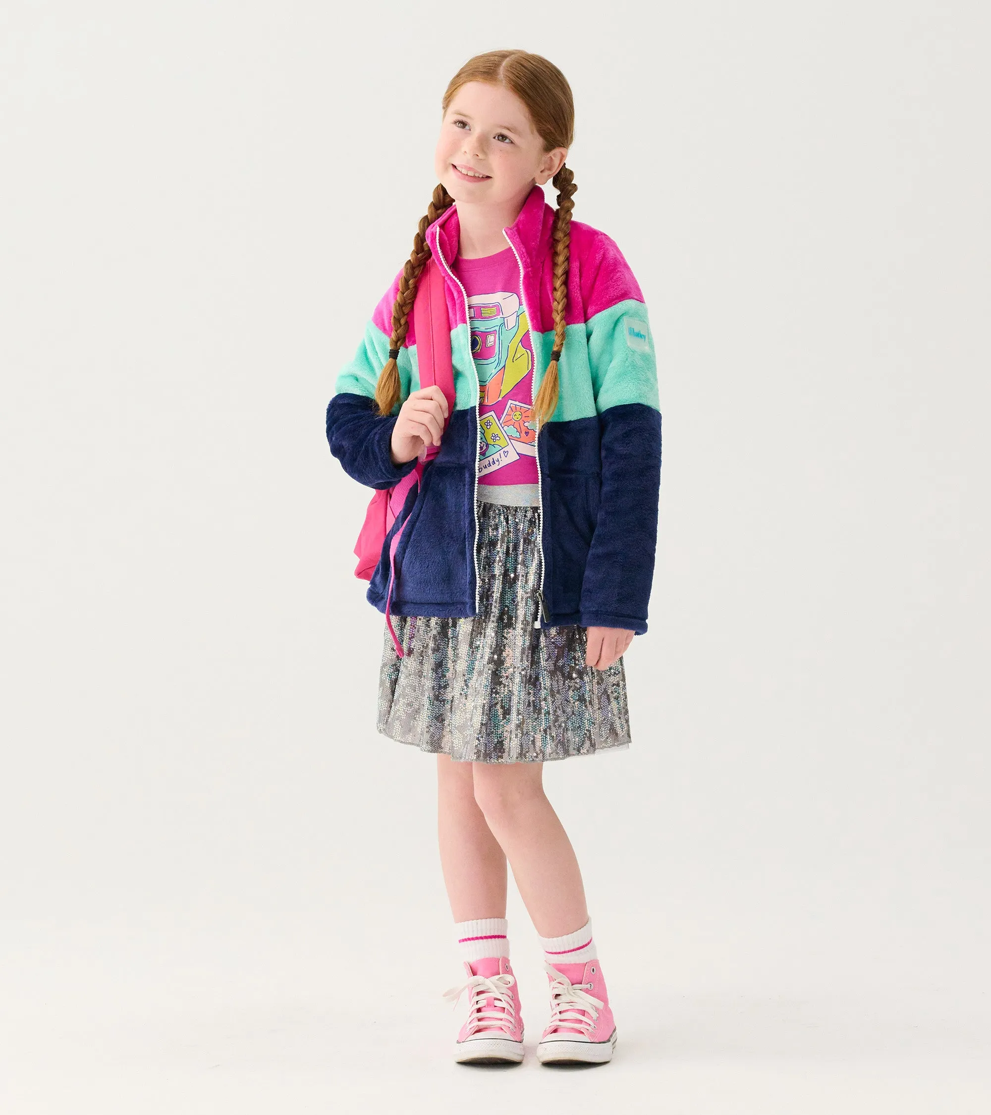 Girls Colourblock Stripes Fuzzy Fleece Zip-Up Jacket -Hatley