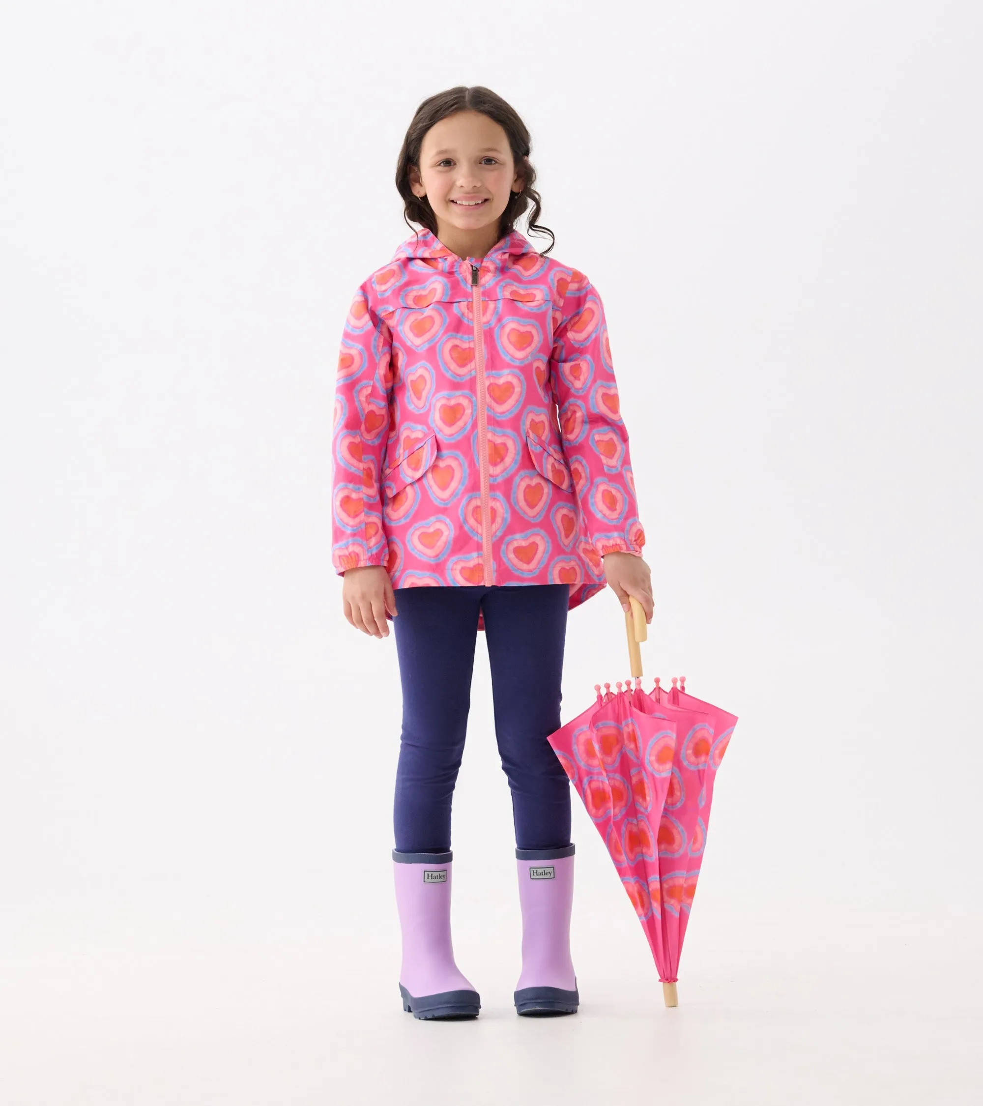 Girls Glowing Hearts Zip-Up Lightweight Rain Jacket -Hatley