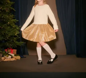Girls Holiday Mixed Media Dress In Cream/gold