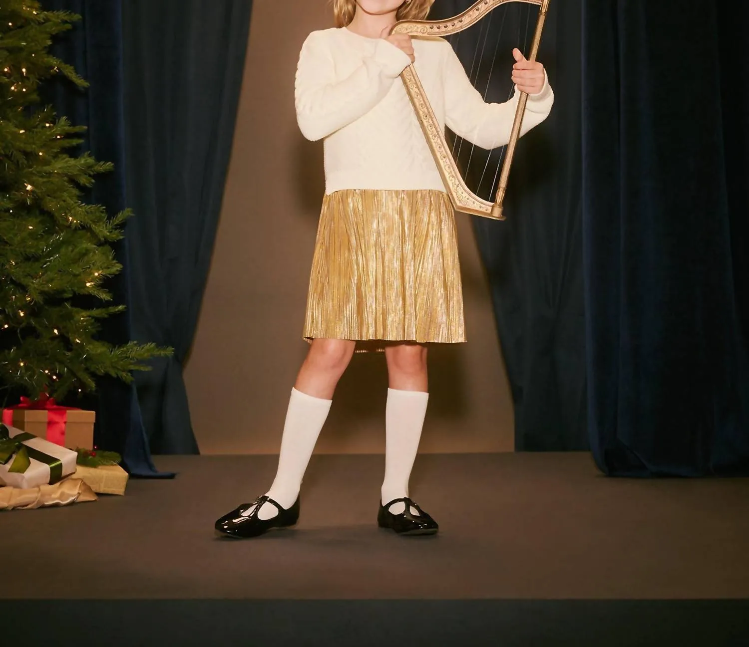 Girls Holiday Mixed Media Dress In Cream/gold