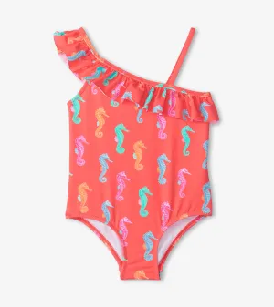 Girls Painted Sea Horses Ruffle Trim Swimsuit -Hatley