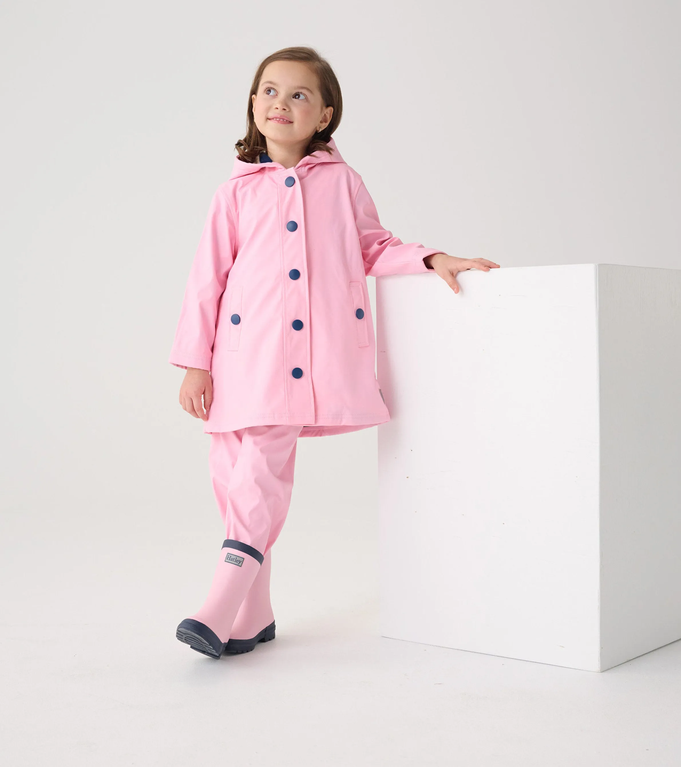 Girls Pink & Navy Button-Up Rain Jacket -Hatley