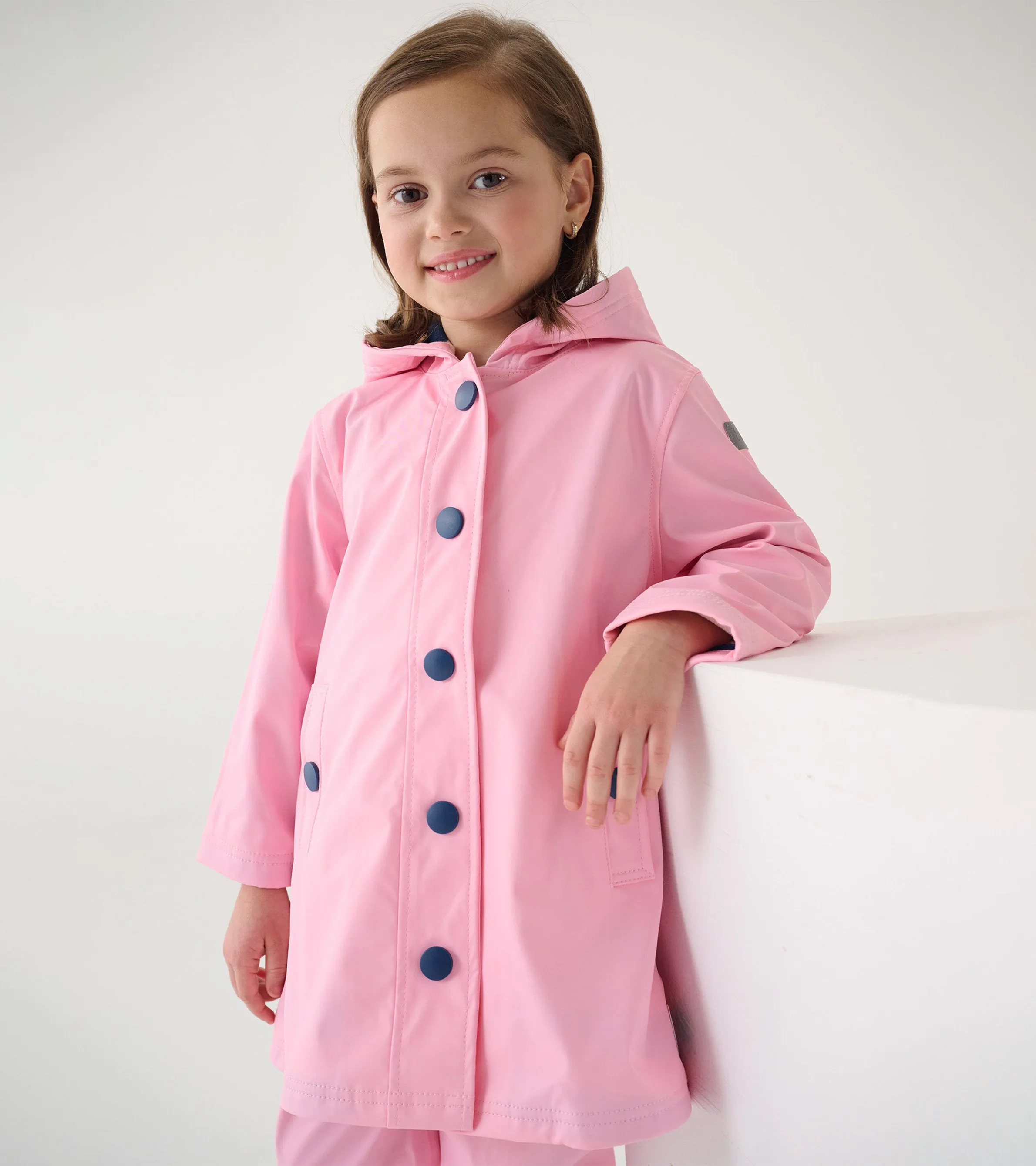 Girls Pink & Navy Button-Up Rain Jacket -Hatley