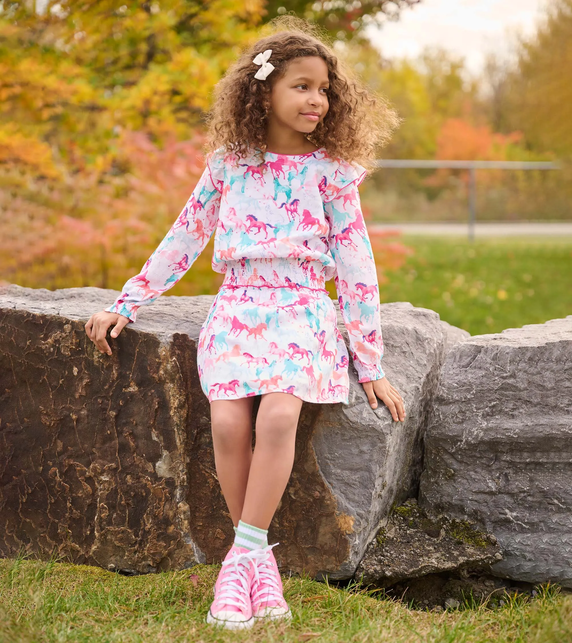 Girls Pretty Horses Smocked Waist Dress -Hatley