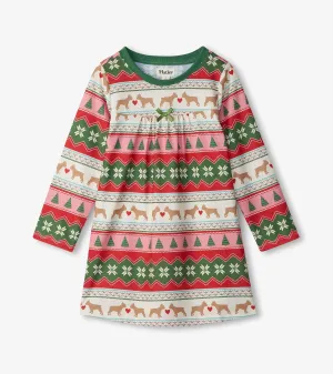 Girls Puppy Hearts Fair Isle Long Sleeve Nightdress -Hatley