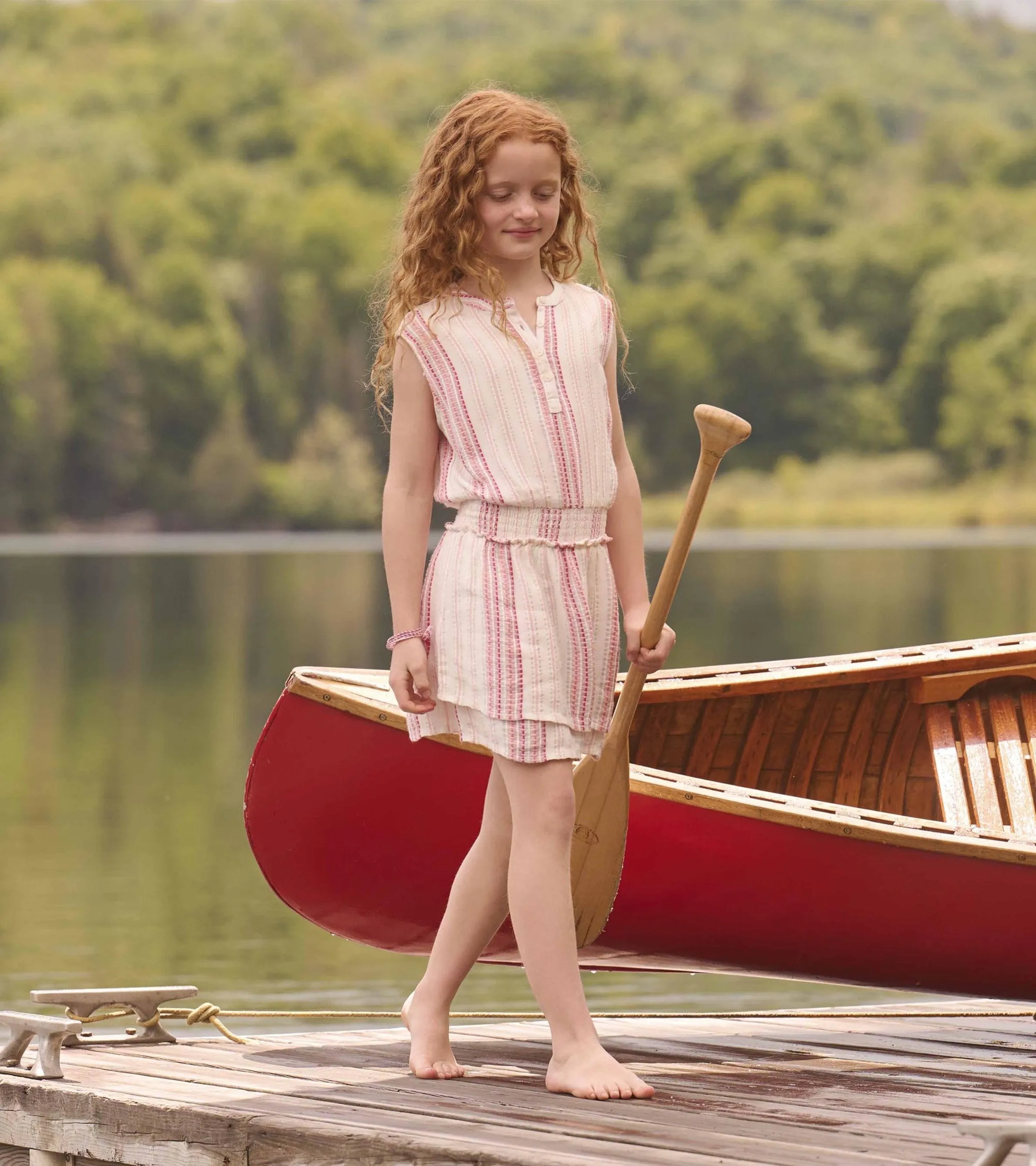 Girls Ribbon Stripe Smocked Waist Dress -Hatley