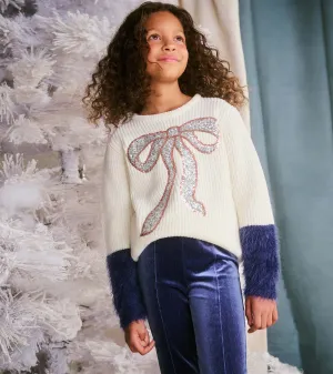 Girls Sequin Bow Fluffy Sleeve Sweater -Hatley