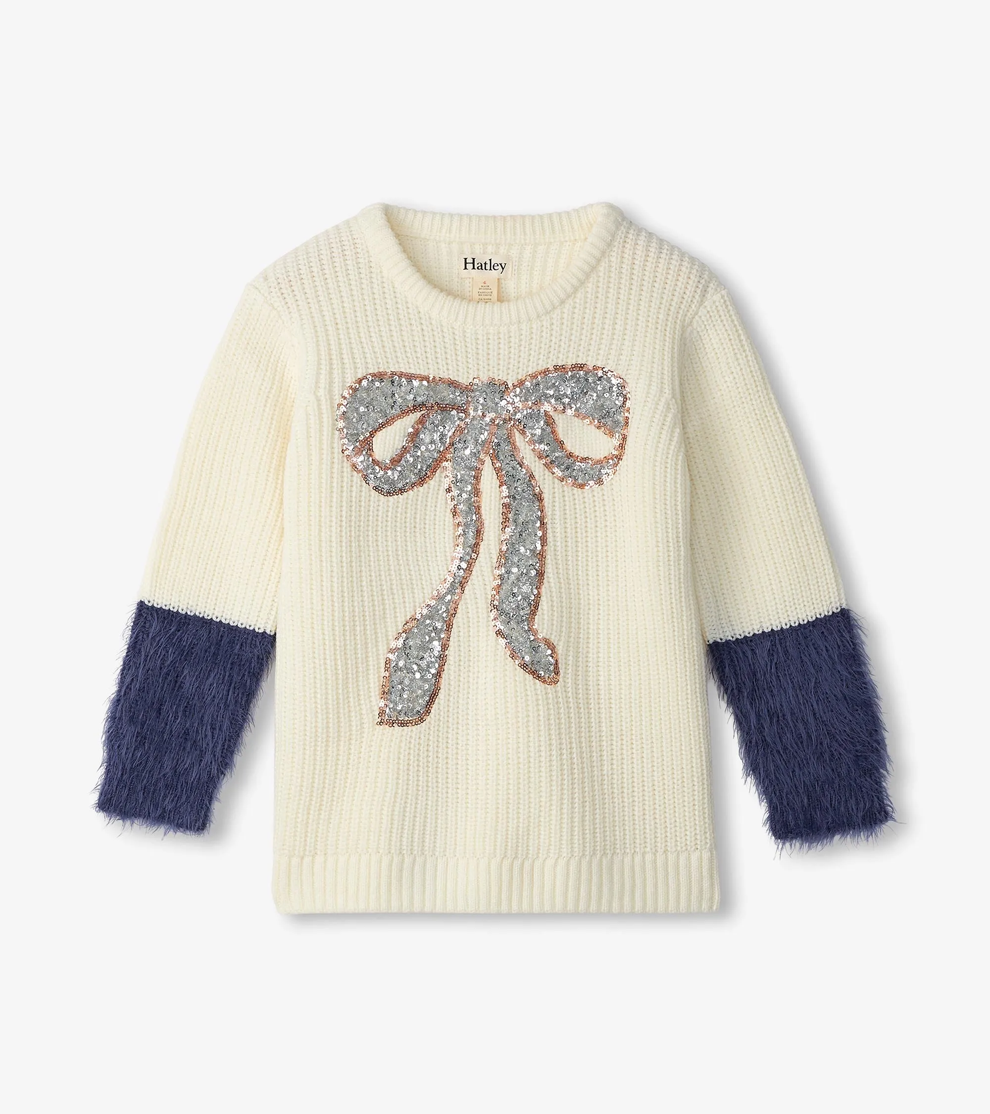 Girls Sequin Bow Fluffy Sleeve Sweater -Hatley