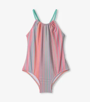 Girls Shimmer Stripe Gather Front Swimsuit -Hatley