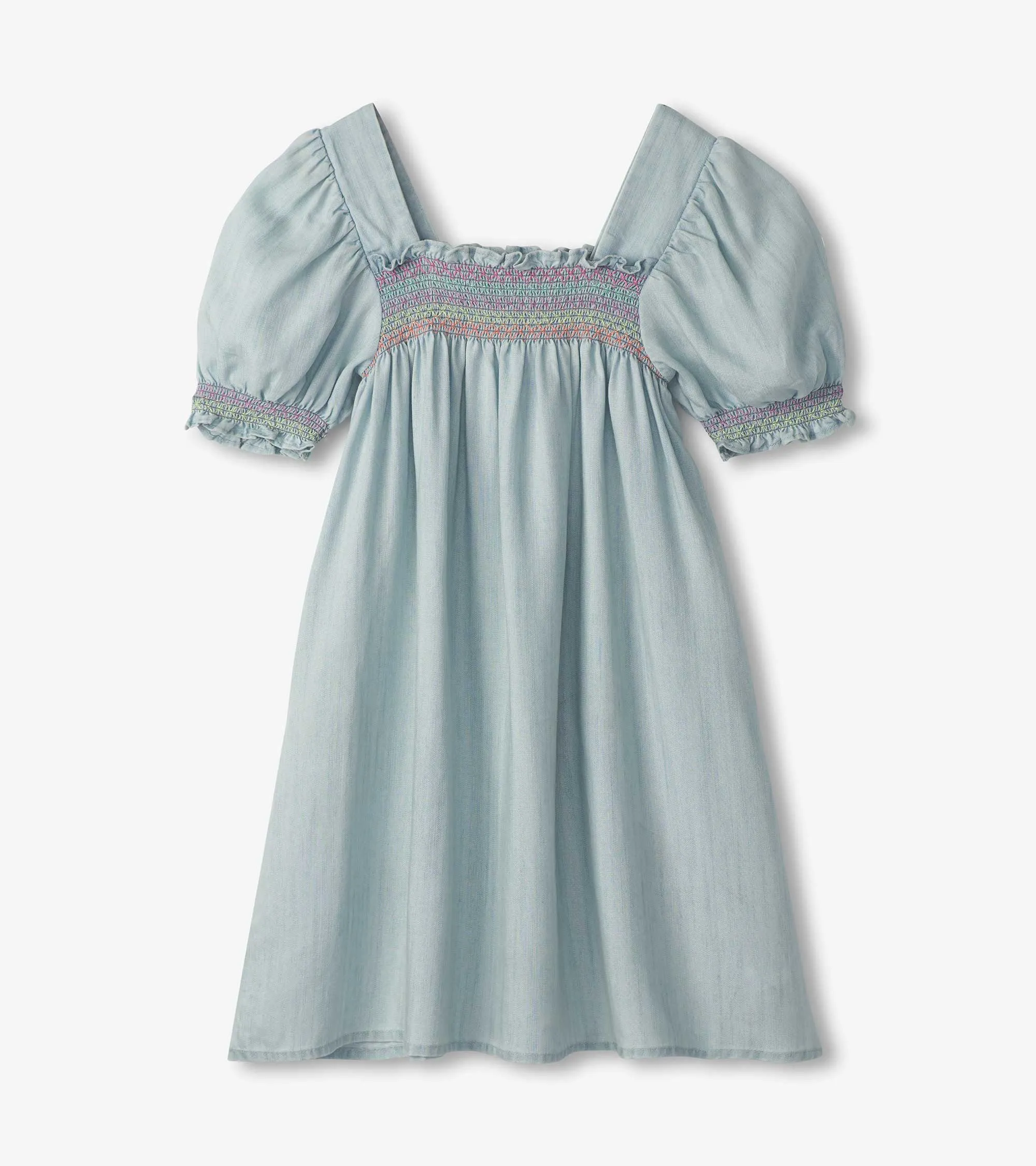 Girls Soft Blue Denim Puff Sleeve Smocked Dress -Hatley