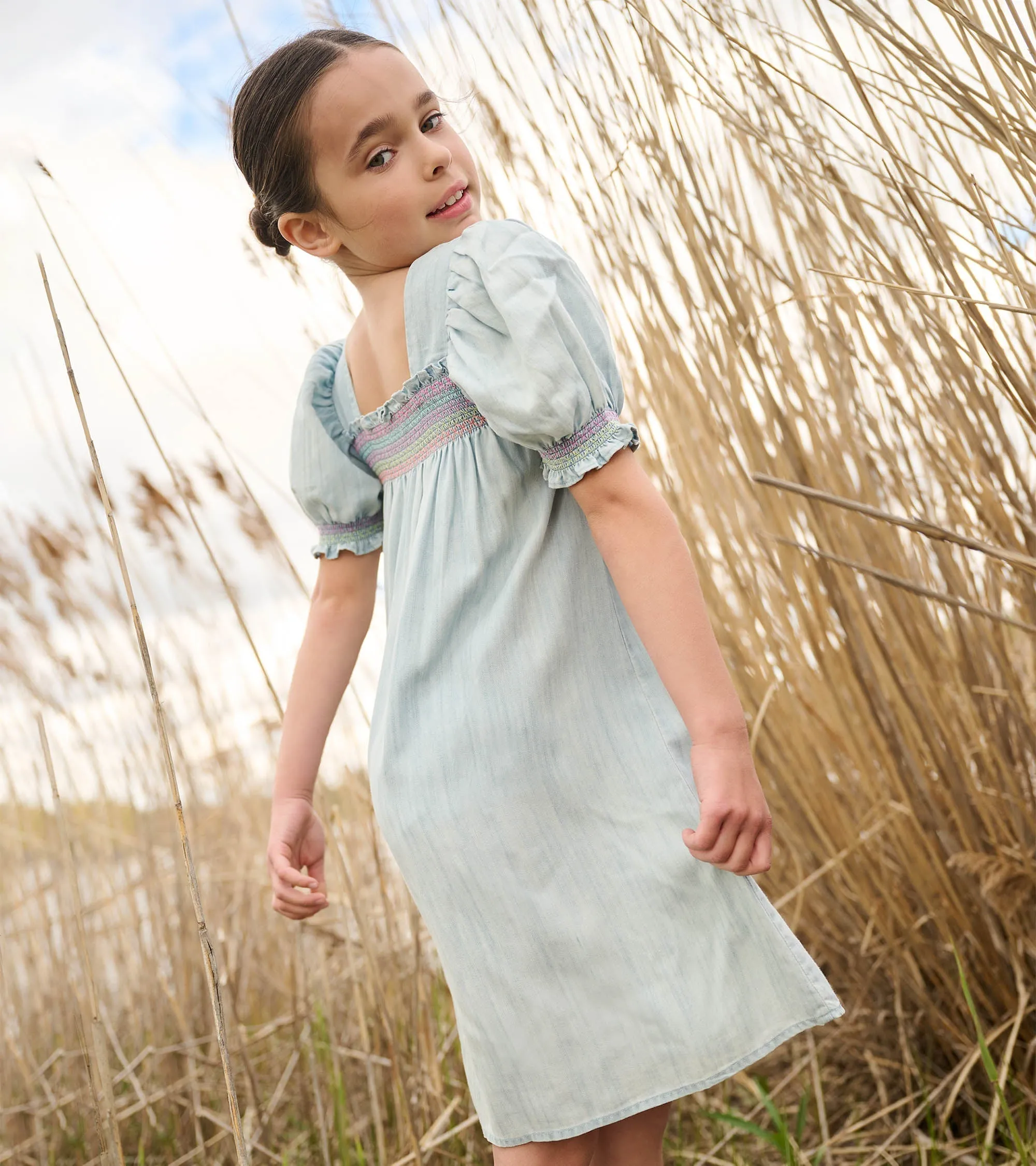 Girls Soft Blue Denim Puff Sleeve Smocked Dress -Hatley