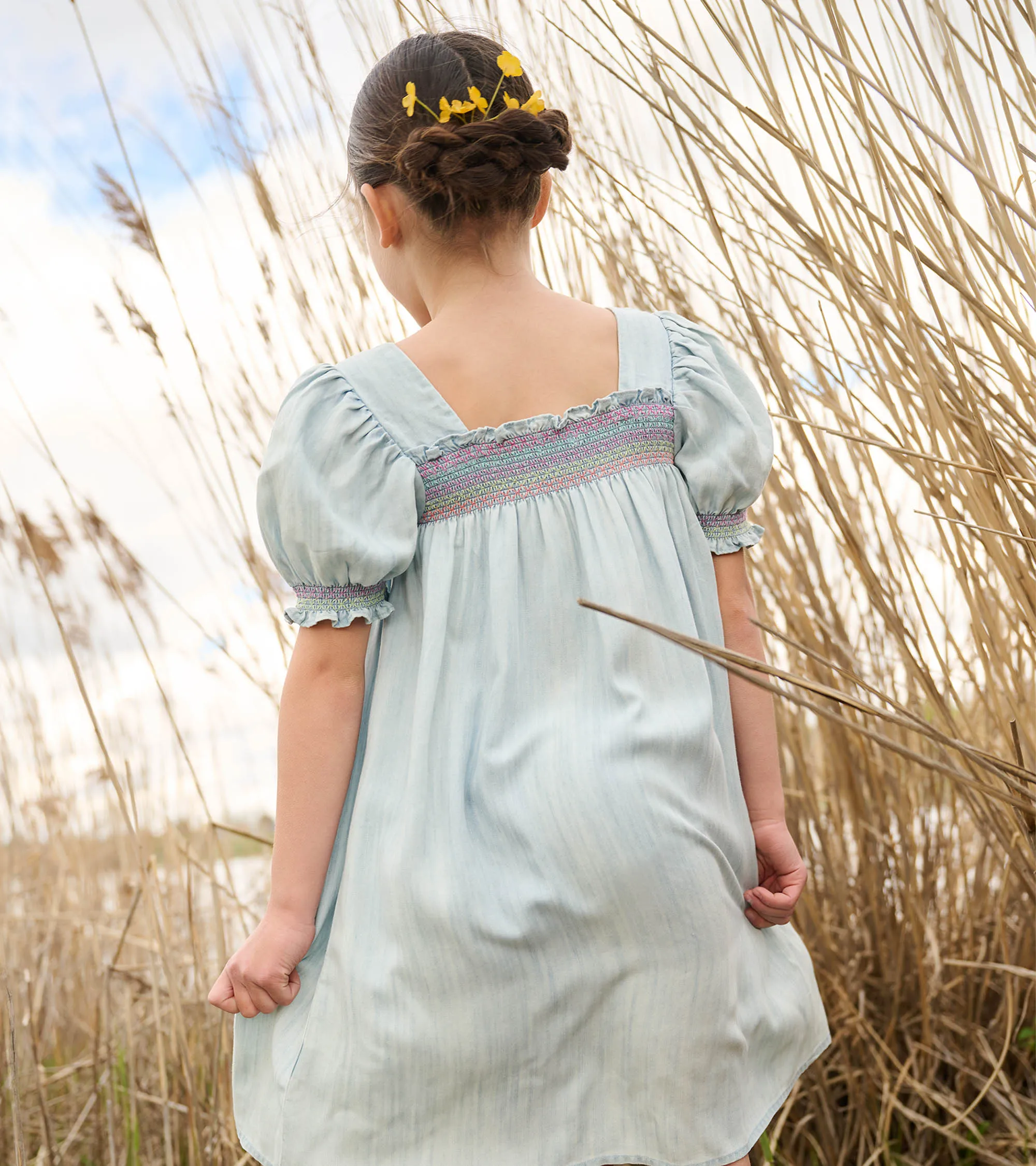 Girls Soft Blue Denim Puff Sleeve Smocked Dress -Hatley