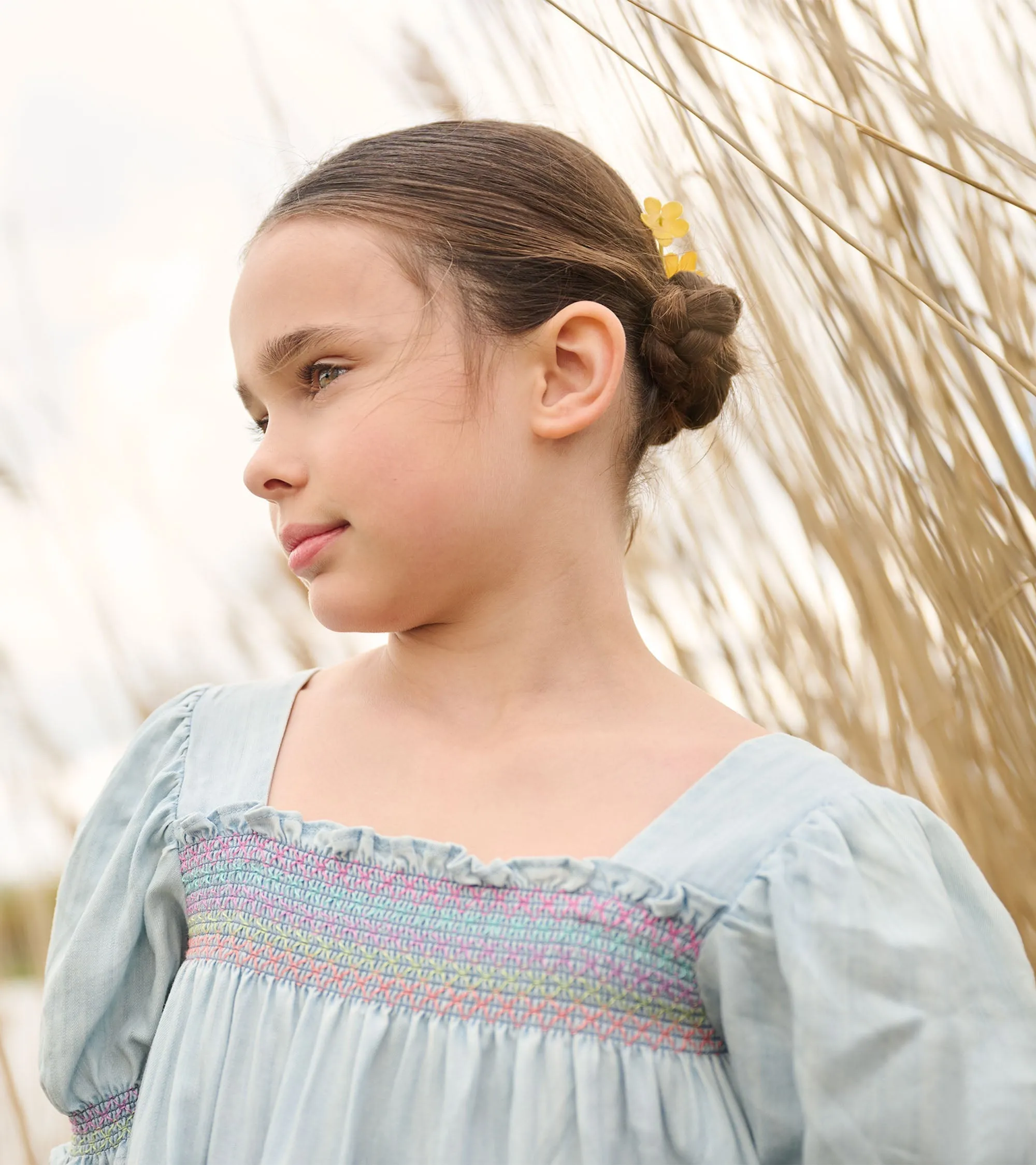 Girls Soft Blue Denim Puff Sleeve Smocked Dress -Hatley