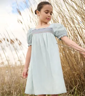 Girls Soft Blue Denim Puff Sleeve Smocked Dress -Hatley