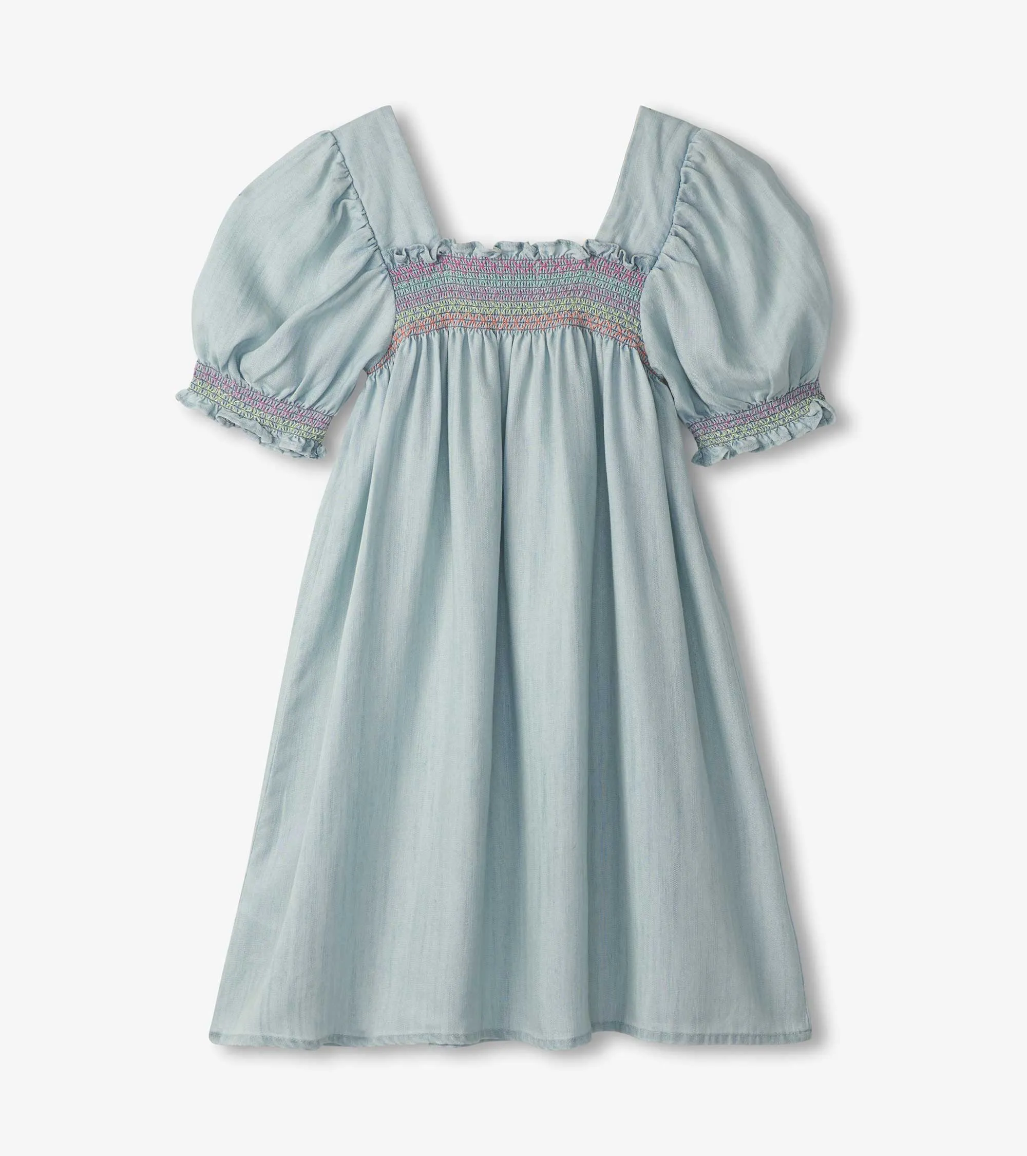 Girls Soft Blue Denim Puff Sleeve Smocked Dress -Hatley