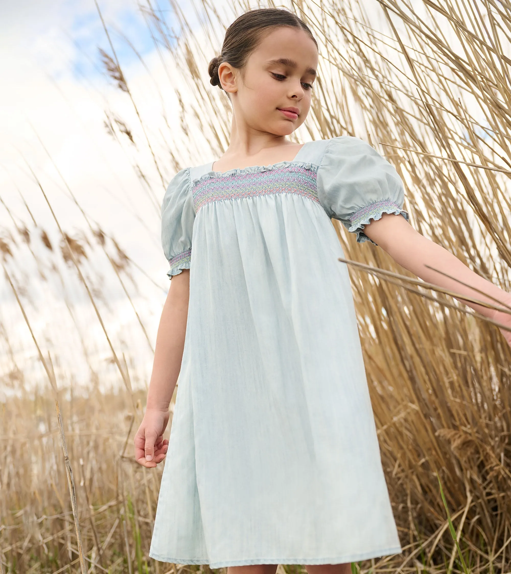 Girls Soft Blue Denim Puff Sleeve Smocked Dress -Hatley