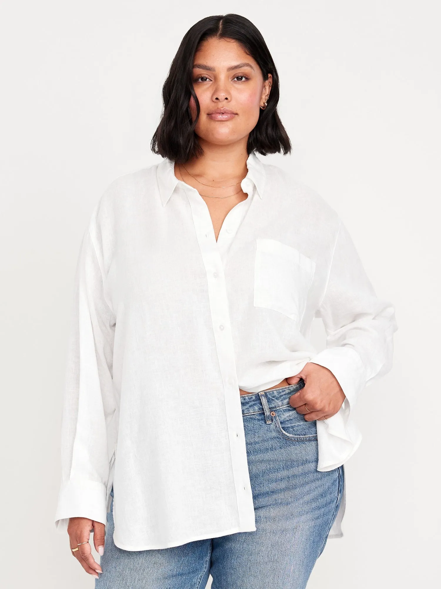 Linen-Blend Loose Button-Down Shirt