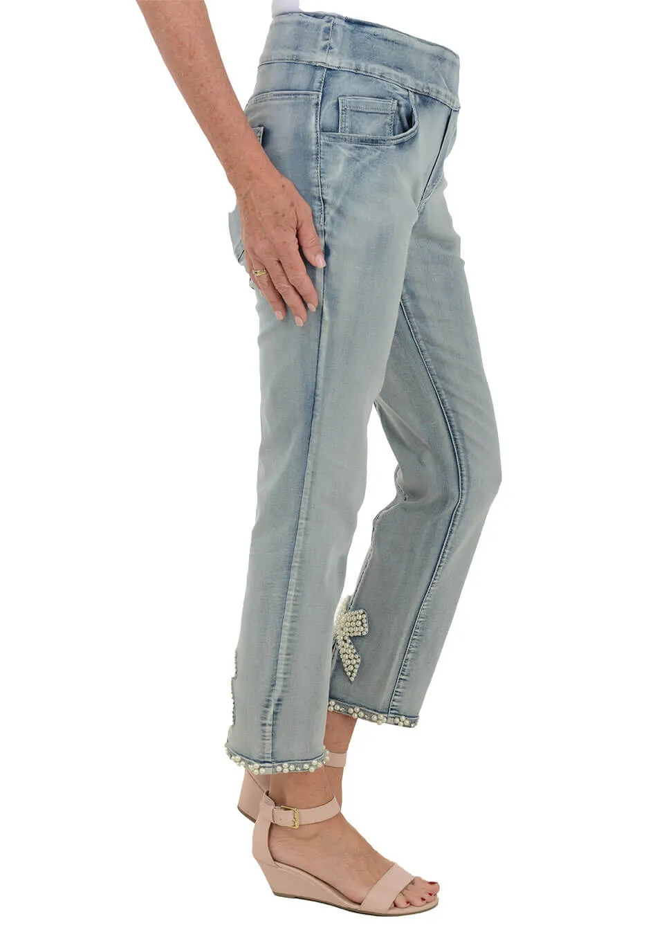 Pearl Bow Denim Ankle Pant