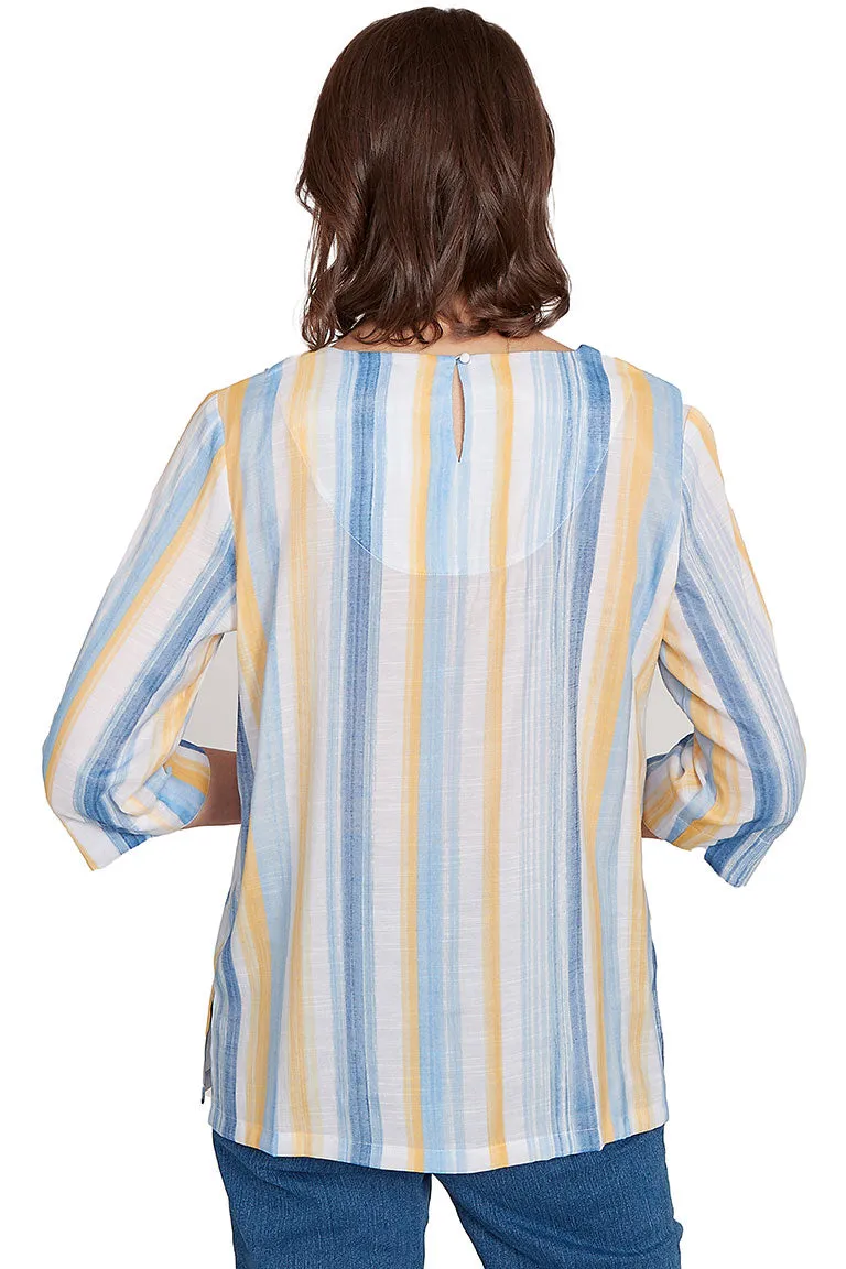 Petite Flower Power Striped Lace Neck Blouse