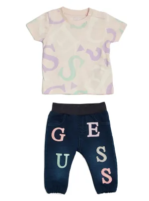 Purple Allover G Logo T-Shirt And Pants 2-Piece Set (0-12m) Guess