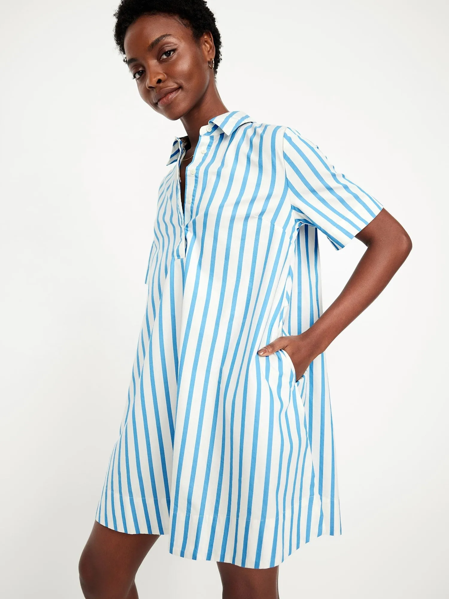 Short-Sleeve Mini Swing Shirt Dress