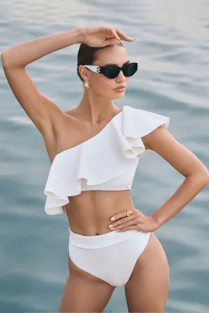 Skiathos | White One-Shoulder Ruffled Bikini Top Club L London