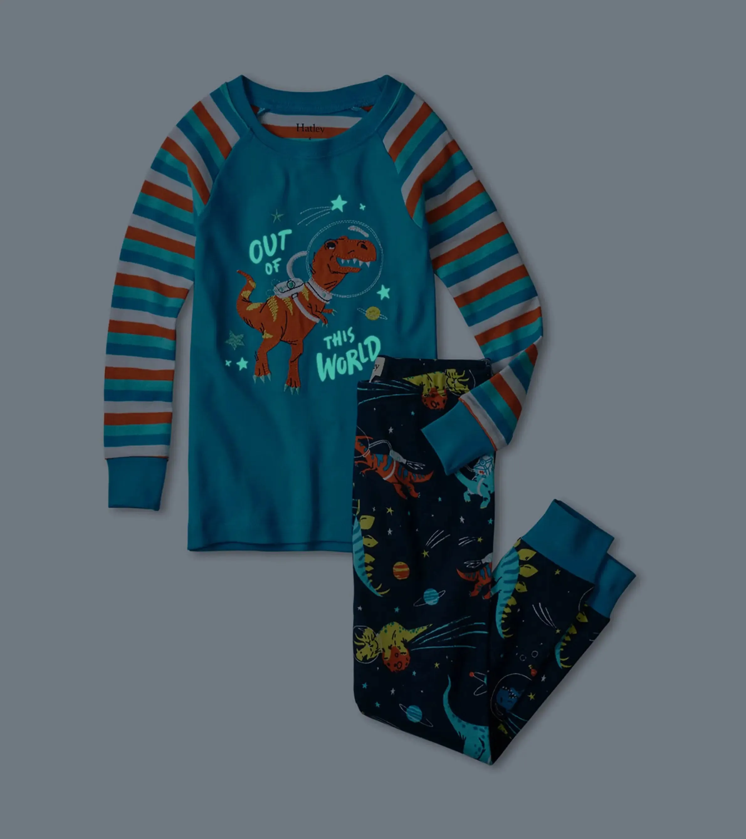 Space Dinos Glow In The Dark Appliqué Raglan Boys Pajama Set | Hatley