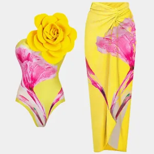 Two Piece Yellow Printed 3D flower One Shoulder Swimsuit Anna Kay Co