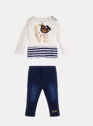 White Long Sleeve and Denim Leggings Set (3-18M) Guess
