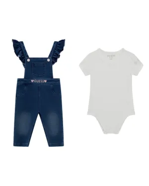 White Short Sleeve Bodysuit and Knit Denim Overalls (0-18m) Guess