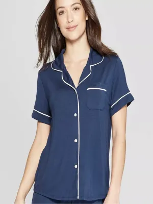 Women's Buttons Down Satin Sleepwear Top,Navy